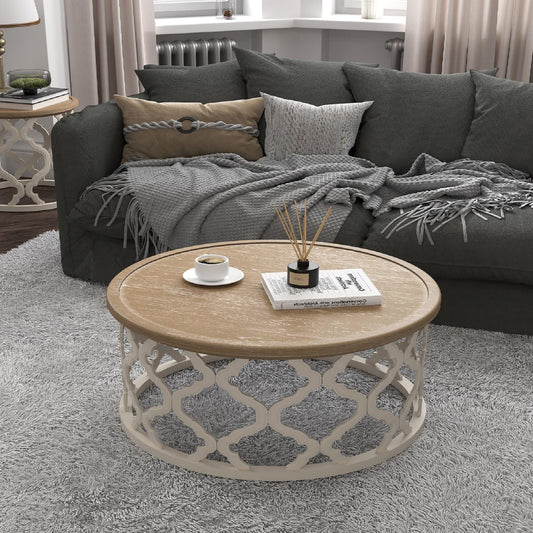 VONLUCE Farmhouse Coffee Table,30'' Round French Country Coffee Table,Distressed Wood Tray Top Vintage Coffee Table with Storage Shelf for Living Room Dining Room Bedroom,Small Space,Beige
