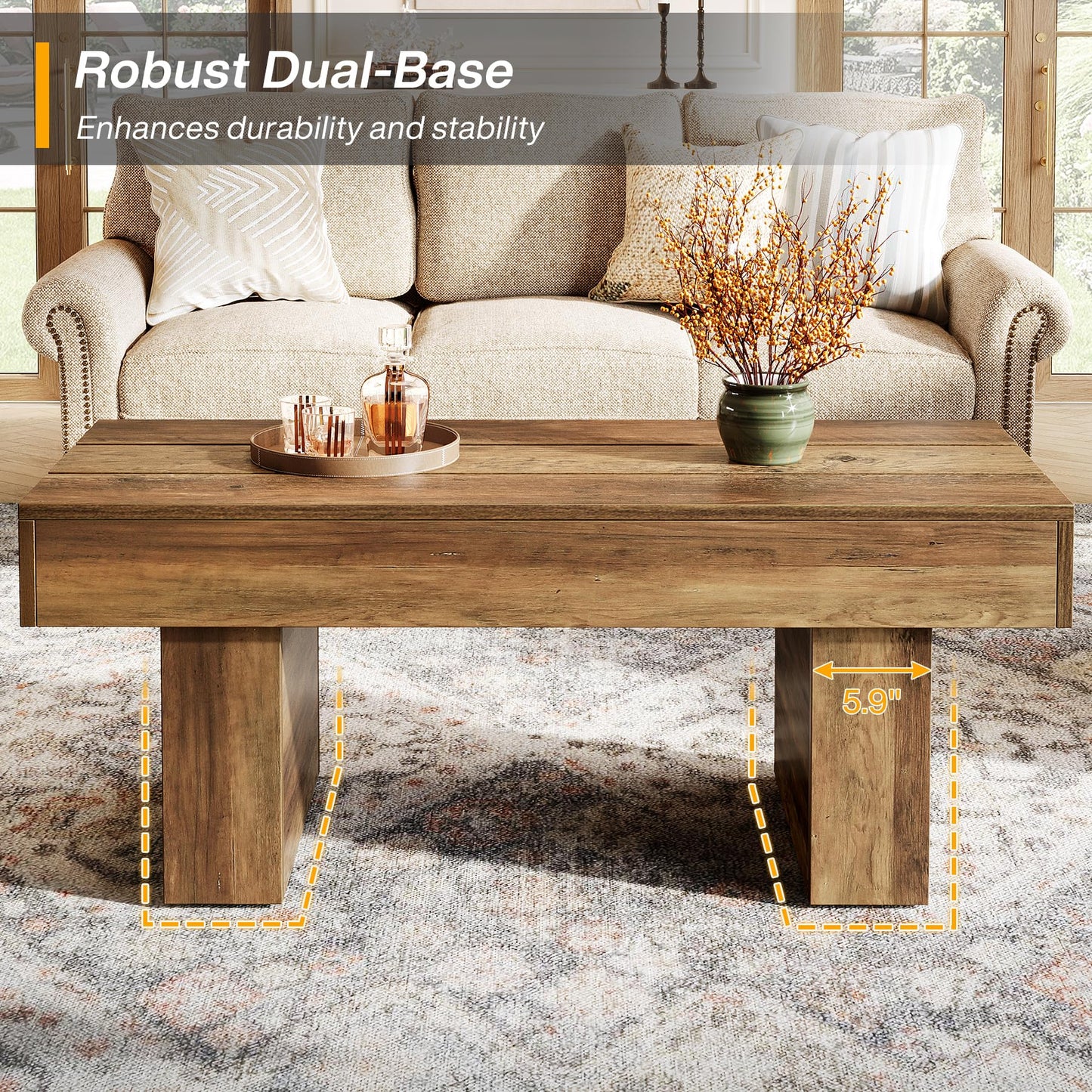 Tribesigns Rectangle Coffee Table, 47.24" Farmhouse Center Table with Slat Tabletop & Thick Base, Rustic Wooden Cocktail Tea Table for Living Room Apartment, Brown