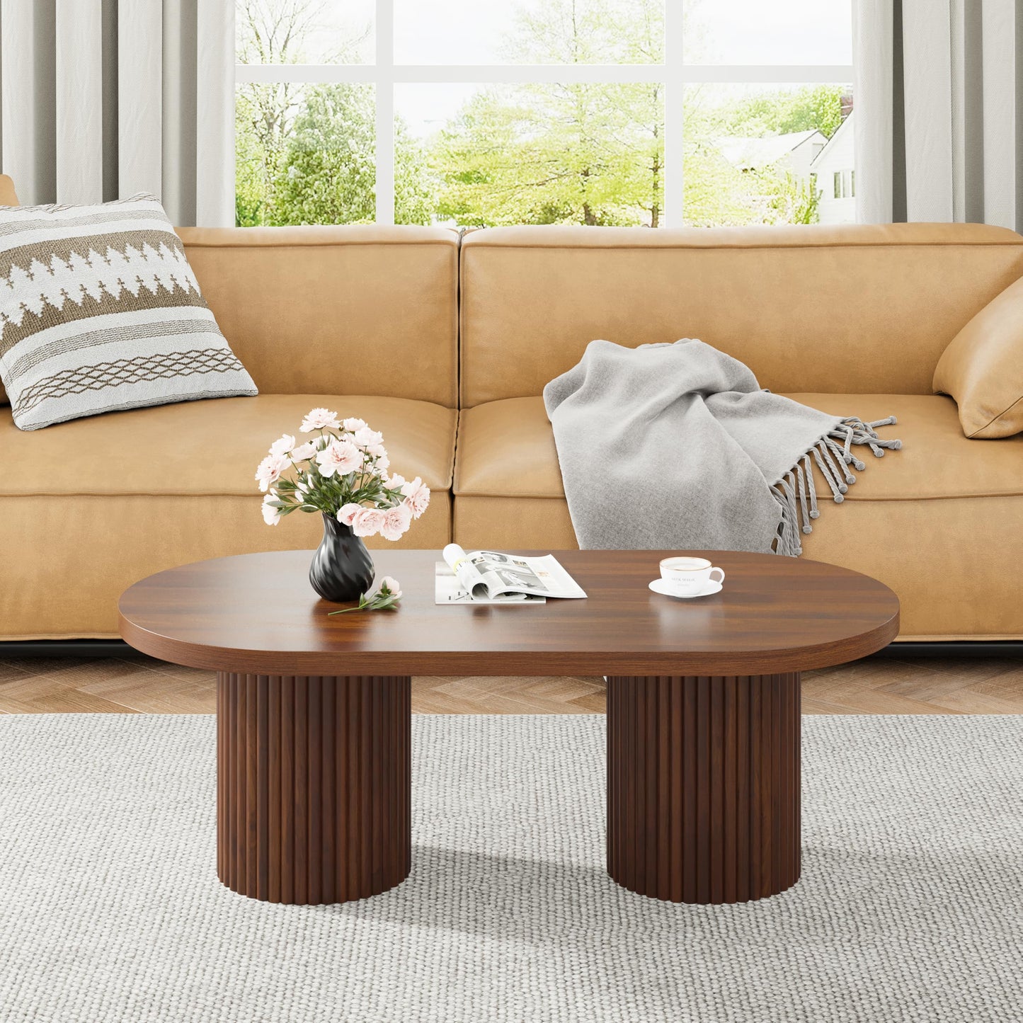 RUSTYER Oval Fluted Coffee Table, Farmhouse Wood Coffee Table Mid Century Modern Center Table Boho Living Room Tables for Living Room Office (Walnut, 19.69" D x 39.38" W x 13.78" H)