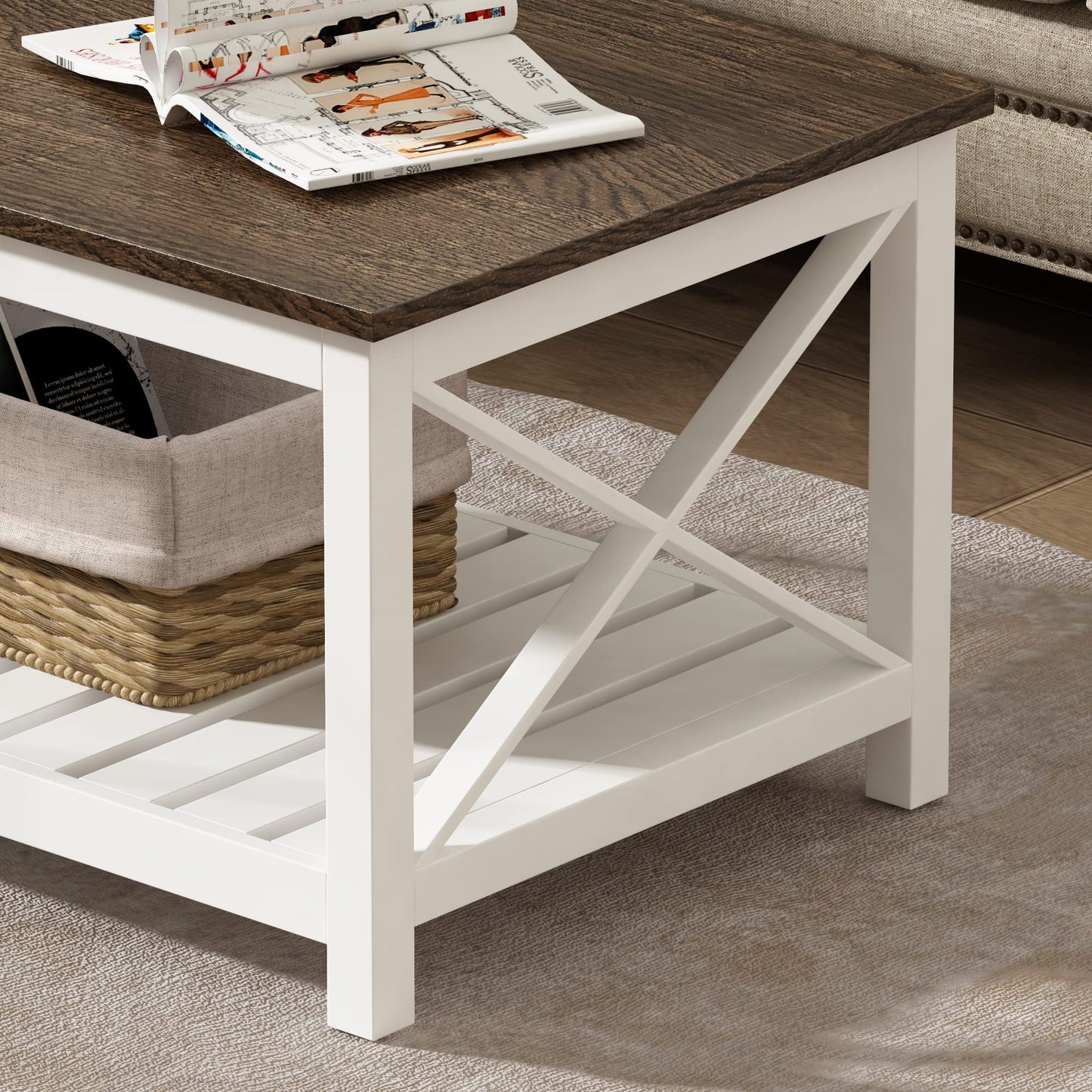 ChooChoo Coffee Table, Rustic Farmhouse Table with Shelf for Living Room, Vintage Finish White