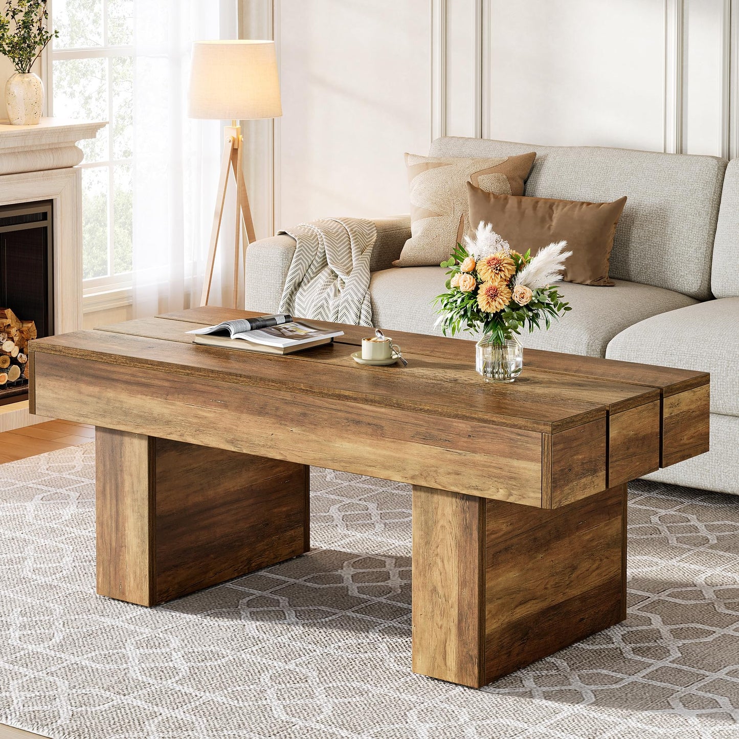 Tribesigns Rectangle Coffee Table, 47.24" Farmhouse Center Table with Slat Tabletop & Thick Base, Rustic Wooden Cocktail Tea Table for Living Room Apartment, Brown
