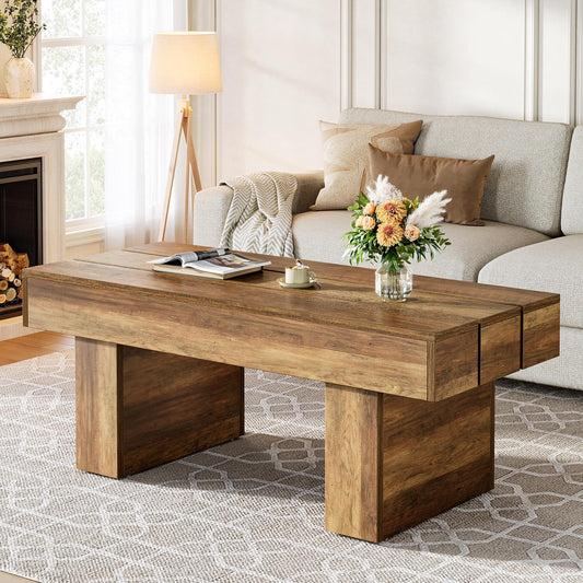 Tribesigns Rectangle Coffee Table, 47.24" Farmhouse Center Table with Slat Tabletop & Thick Base, Rustic Wooden Cocktail Tea Table for Living Room Apartment, Brown