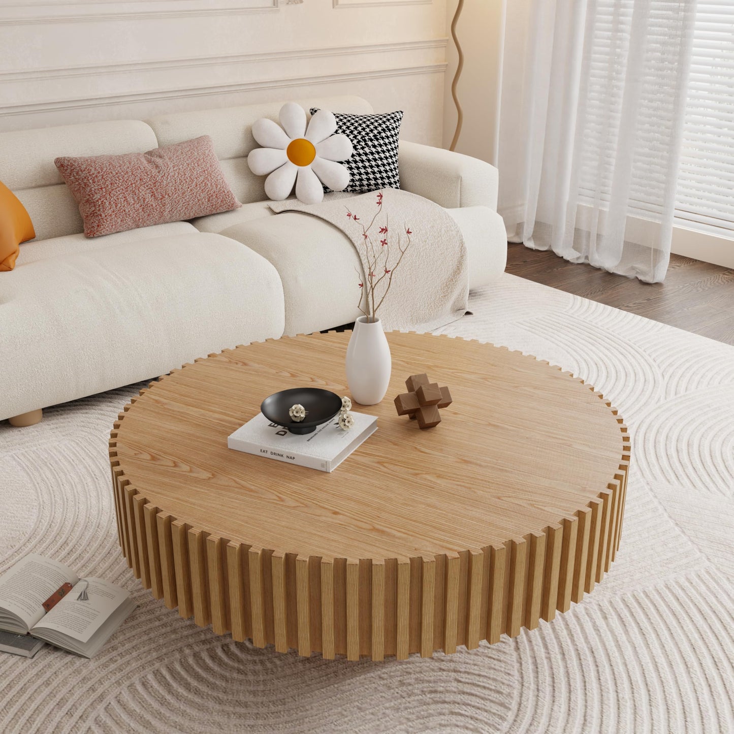 39.4" Oak Round Coffee Table Wood, Modern Drum Fluted Coffee Table for Living Room, Contemporary Low Circle Center Table Side Table for Apartment, Farmhouse, Office, mesa de Cafe