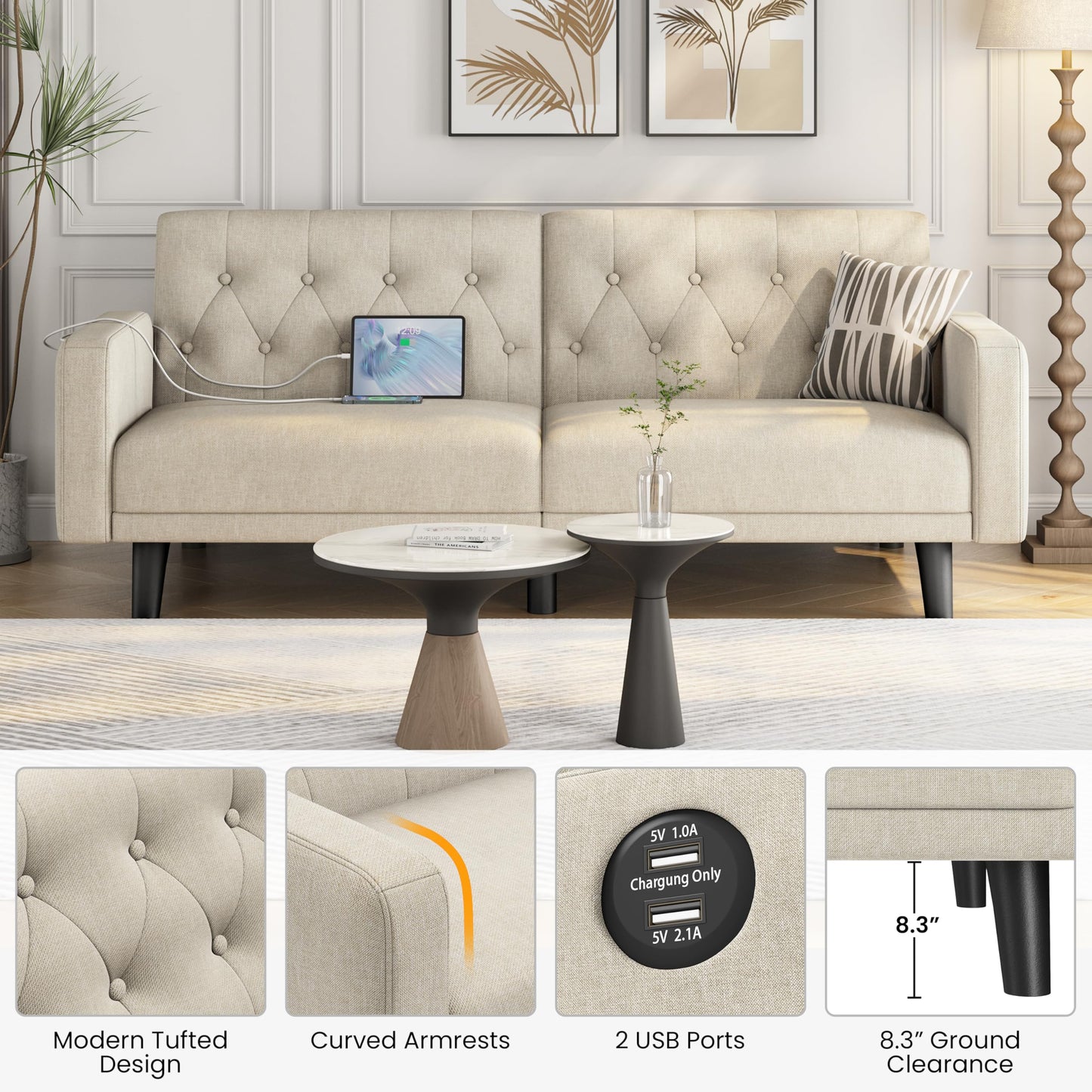 Yaheetech 63” Convertible Couch Sofa Bed with 2 USB, Reclining Futon Sleeper with Adjustable Backrest & Removable Armrests, Mid Century Modern Loveseat for Living Room, Apartment, Office Beige