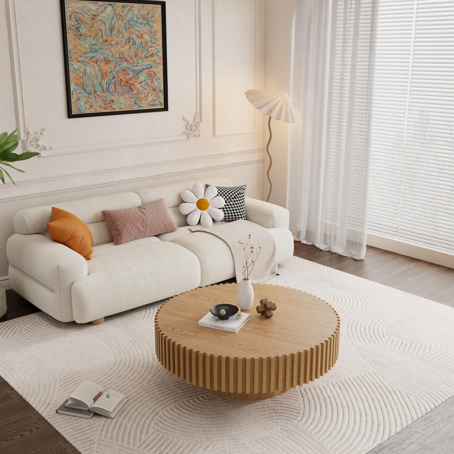 39.4" Oak Round Coffee Table Wood, Modern Drum Fluted Coffee Table for Living Room, Contemporary Low Circle Center Table Side Table for Apartment, Farmhouse, Office, mesa de Cafe
