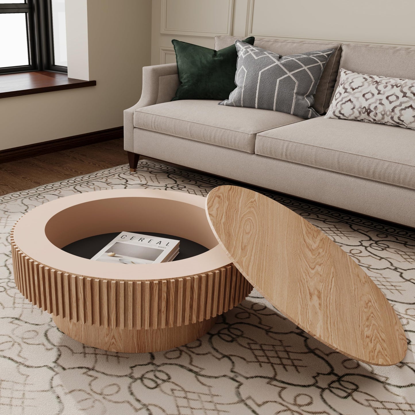 BSYEIO 31.5''Round Coffee Table with Storage, Modern Luxury Circle Drum Center Tables with Solid Wood Veneered, Accent Side Coffee Table for Living Room, Bedroom, Apartment-Natural