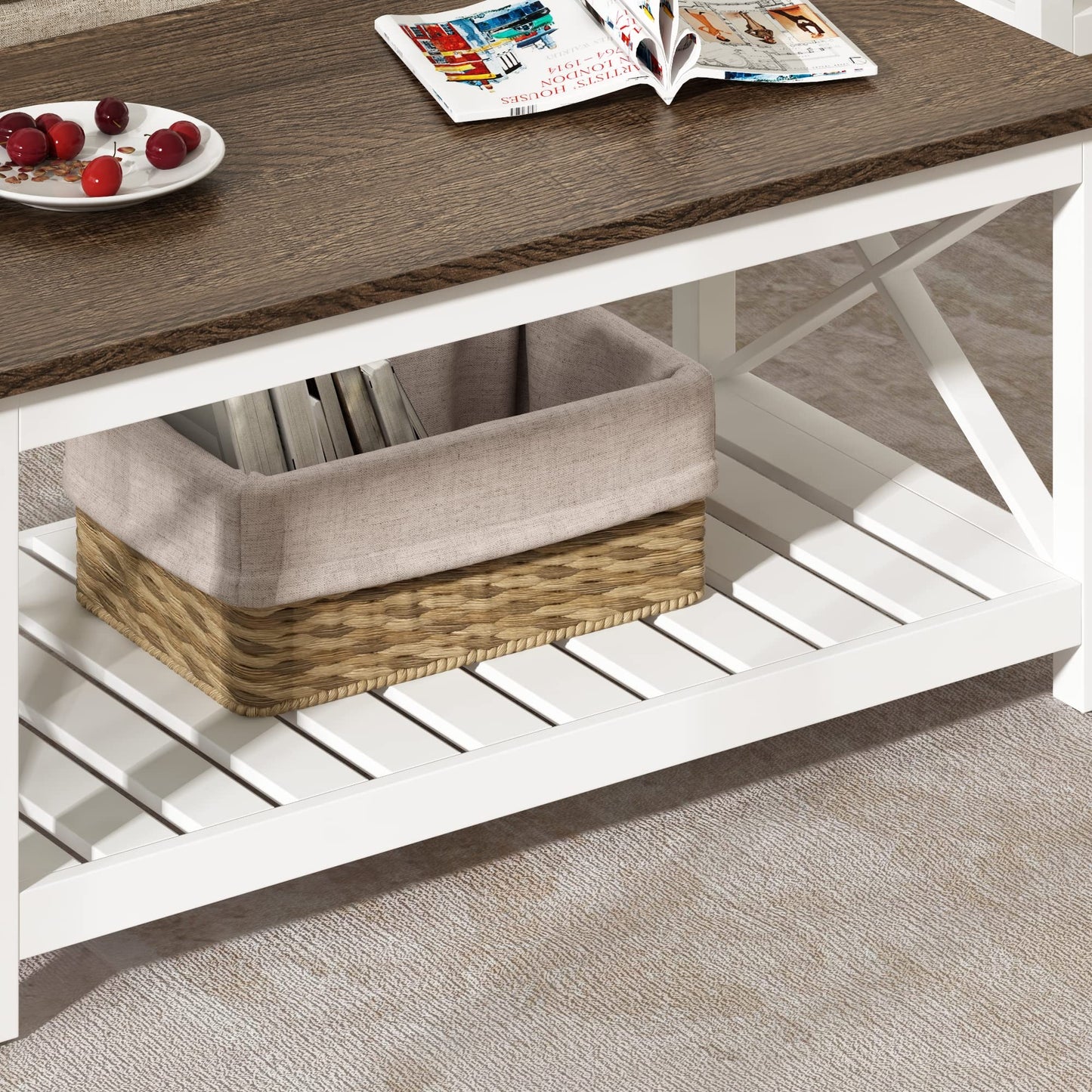 ChooChoo Coffee Table, Rustic Farmhouse Table with Shelf for Living Room, Vintage Finish White