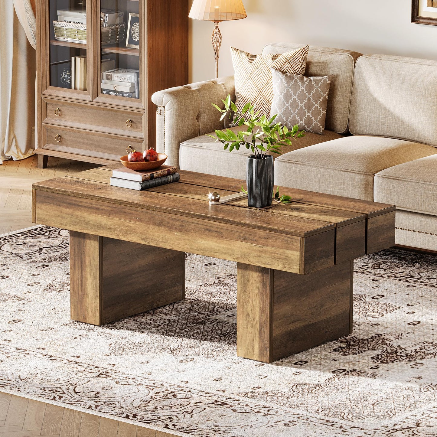 Tribesigns Rectangle Coffee Table, 47.24" Farmhouse Center Table with Slat Tabletop & Thick Base, Rustic Wooden Cocktail Tea Table for Living Room Apartment, Brown