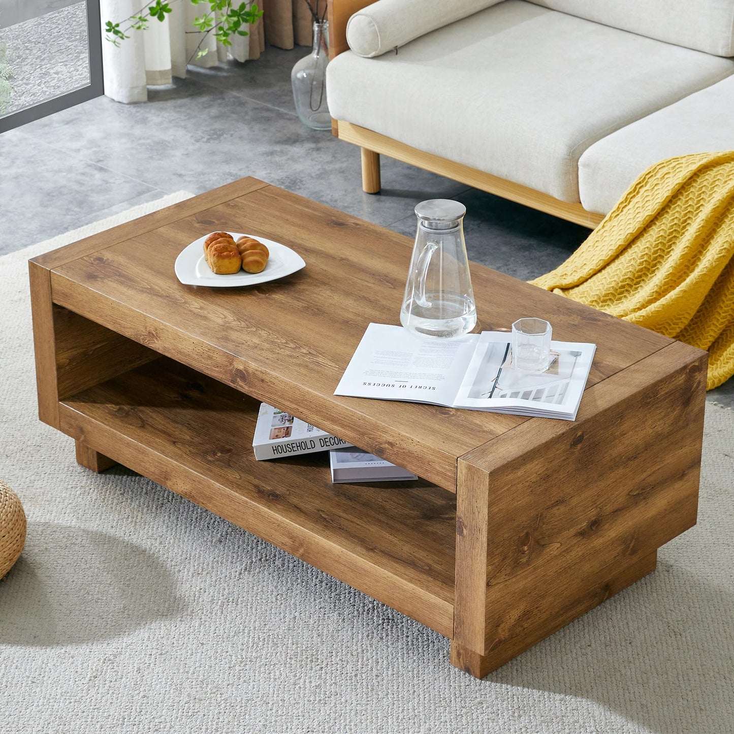 Rectangular Coffee Table with Storage for Living Room,47.2" Rustic Natural Wood Coffee Table with Storage,2-Tier Modern Farmhouse Center Tables, Modern Wood Center Table,Farmhouse Tea Table