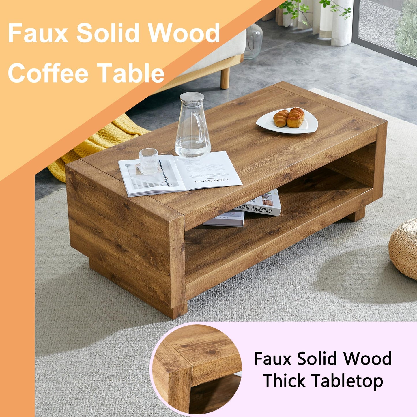 Rectangular Coffee Table with Storage for Living Room,47.2" Rustic Natural Wood Coffee Table with Storage,2-Tier Modern Farmhouse Center Tables, Modern Wood Center Table,Farmhouse Tea Table