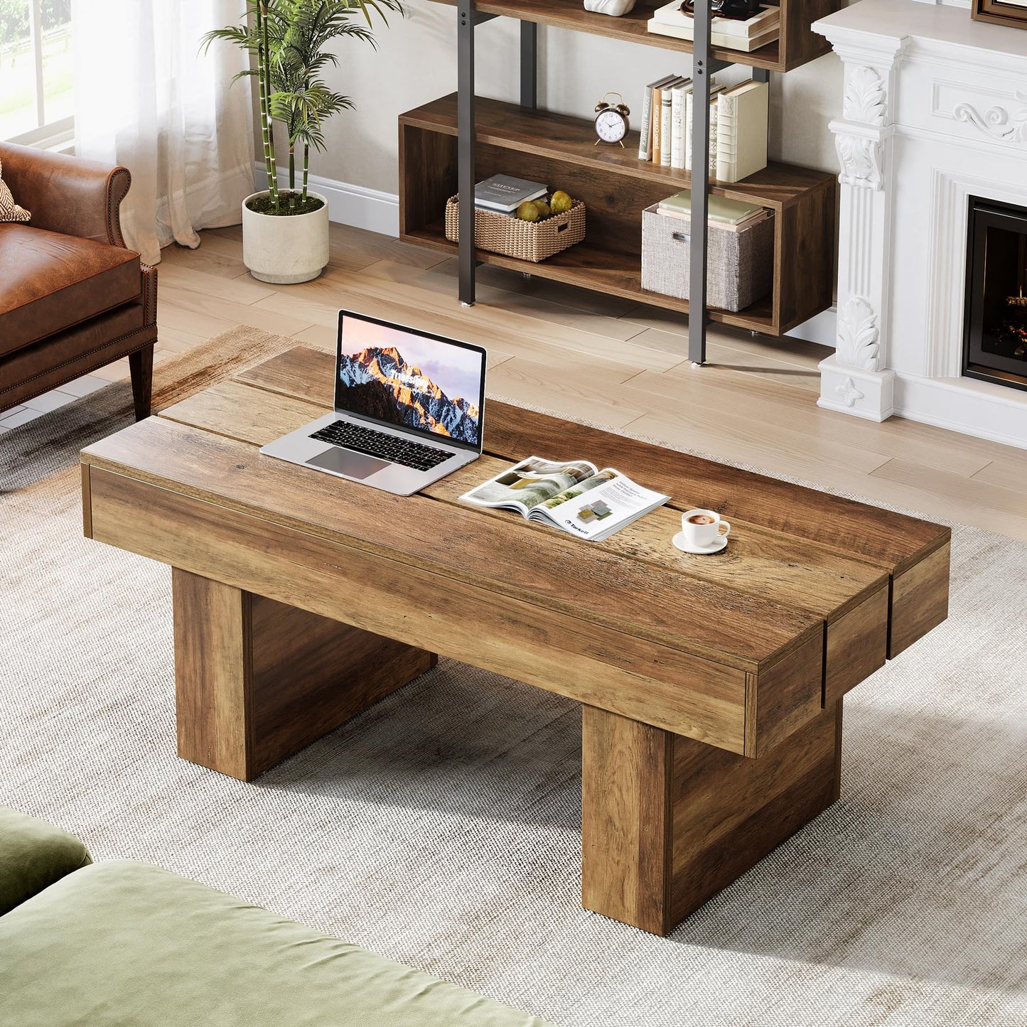 Tribesigns Rectangle Coffee Table, 47.24" Farmhouse Center Table with Slat Tabletop & Thick Base, Rustic Wooden Cocktail Tea Table for Living Room Apartment, Brown
