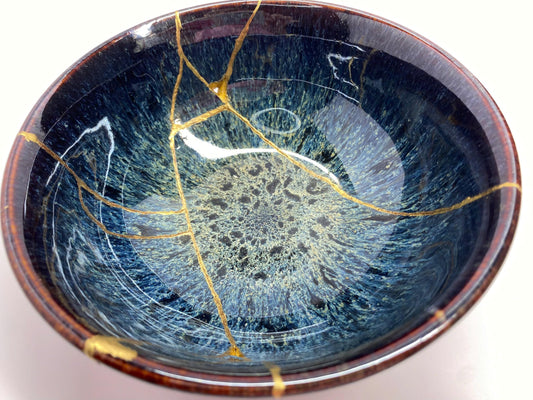 Sapphire Glaze Kintsugi Bowl – Ceramic Art - Embracing Beauty in Imperfection (6.3" x 2.75")