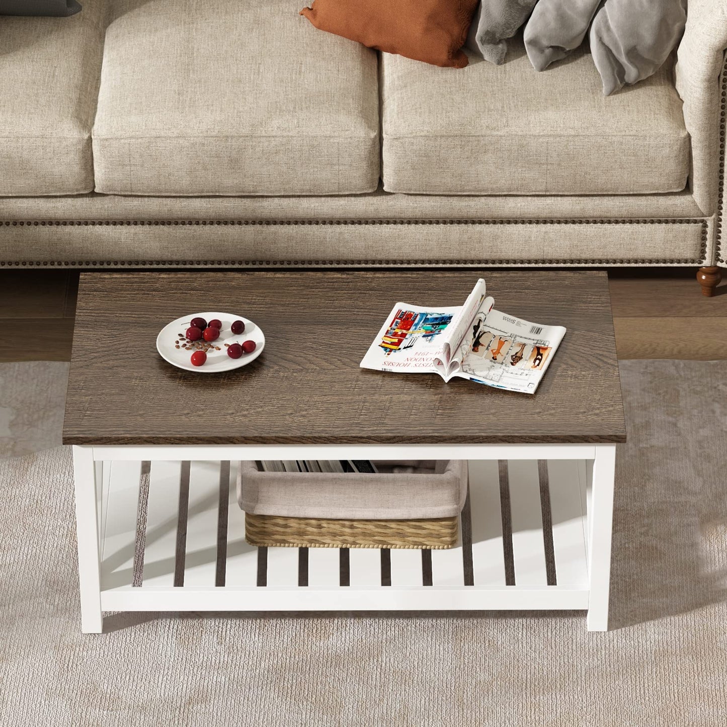 ChooChoo Coffee Table, Rustic Farmhouse Table with Shelf for Living Room, Vintage Finish White