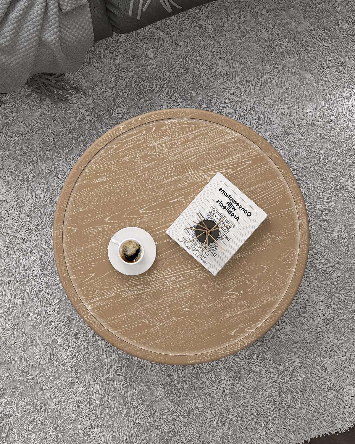 VONLUCE Farmhouse Coffee Table,30'' Round French Country Coffee Table,Distressed Wood Tray Top Vintage Coffee Table with Storage Shelf for Living Room Dining Room Bedroom,Small Space,Beige