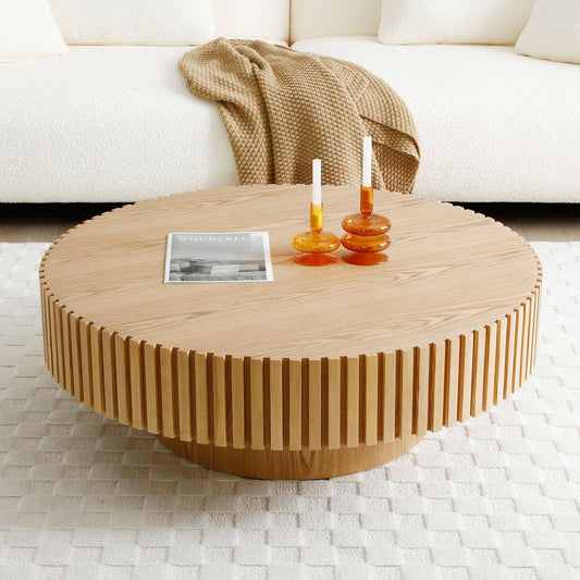 39.4" Oak Round Coffee Table Wood, Modern Drum Fluted Coffee Table for Living Room, Contemporary Low Circle Center Table Side Table for Apartment, Farmhouse, Office, mesa de Cafe