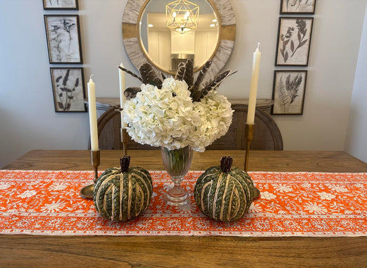 Tablescape Decor Set, Includes Fall Floral Tablecloth, Candleholders with Taper Candles, Decorative Pumpkins, Feathers, Thanksgiving, Harvest, Tablescape Kit (15 x 80 inches, Runner)