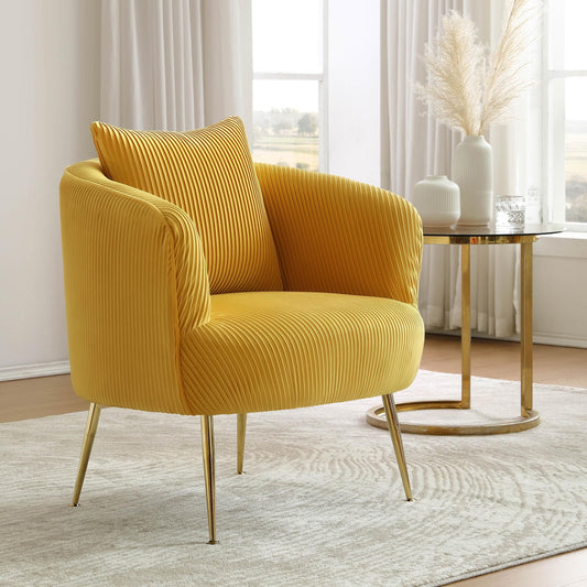 Art Leon Velvet Accent Chair, Upholstered Modern Single Sofa Chair, Comfy Barrel Chair with Golden Metal Legs for Living Room Bedroom, Yellow