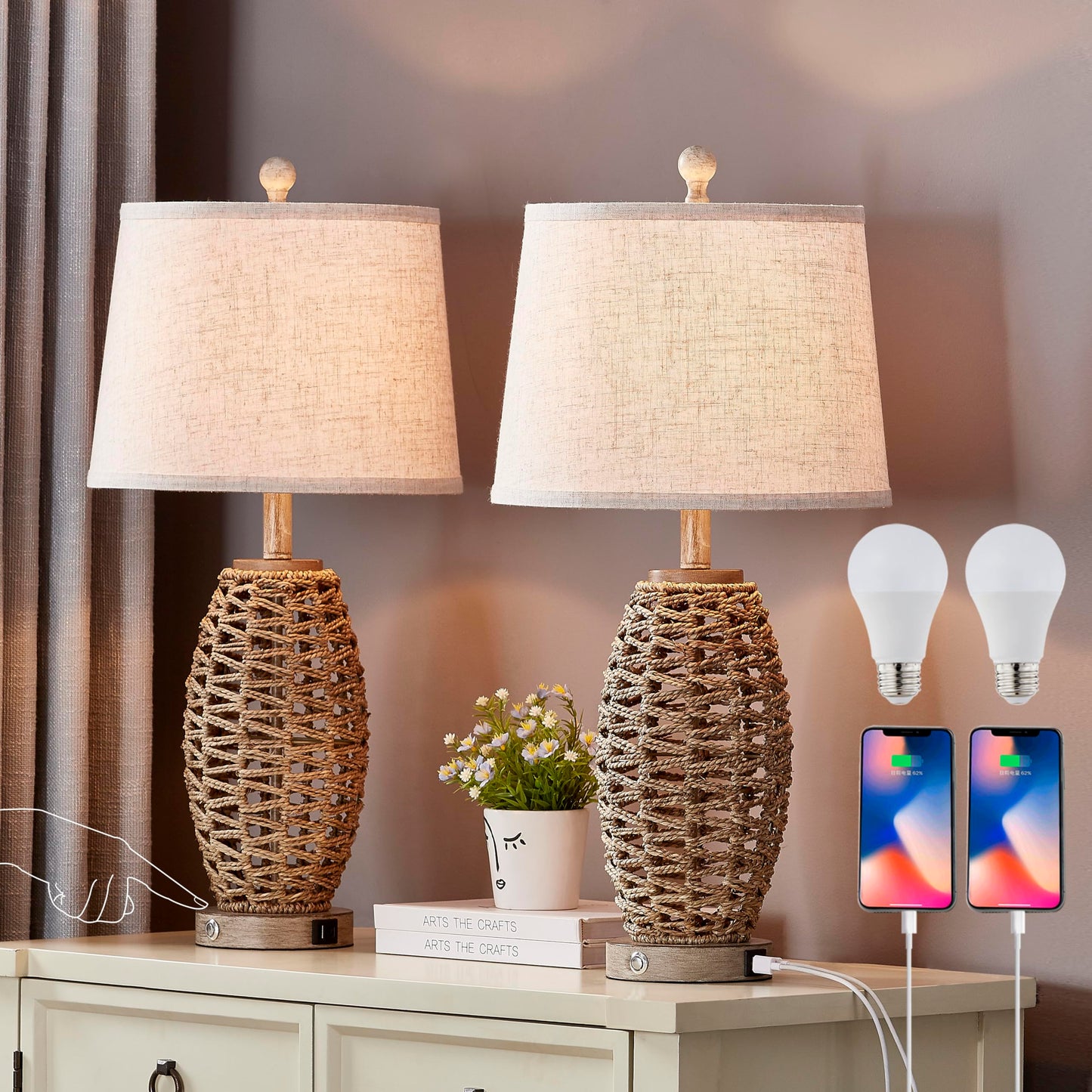 27” Natural Rattan Table Lamps Set of 2,Touch Switch,3-Way Dimmable Bedside Lamps, with A+C USB Charging Ports,Oatmeal Lampshade,Farmhouse Table Lamp for Bedroom, Living Room(2 Bulbs Included)