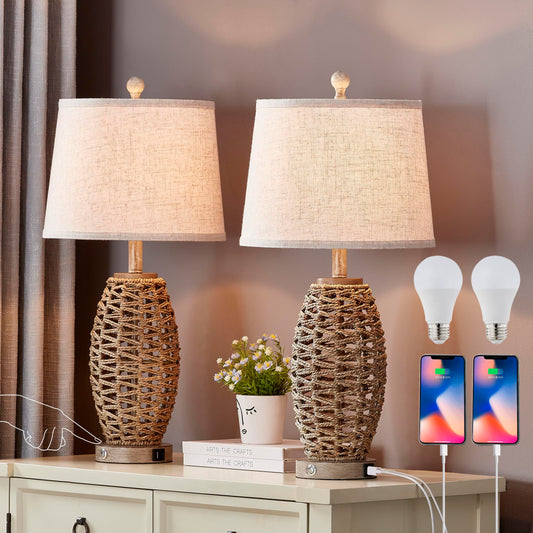27” Natural Rattan Table Lamps Set of 2,Touch Switch,3-Way Dimmable Bedside Lamps, with A+C USB Charging Ports,Oatmeal Lampshade,Farmhouse Table Lamp for Bedroom, Living Room(2 Bulbs Included)