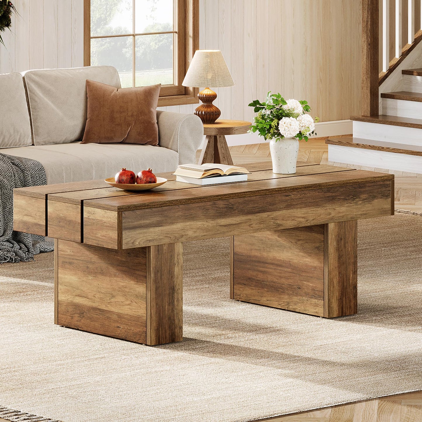 Tribesigns Rectangle Coffee Table, 47.24" Farmhouse Center Table with Slat Tabletop & Thick Base, Rustic Wooden Cocktail Tea Table for Living Room Apartment, Brown