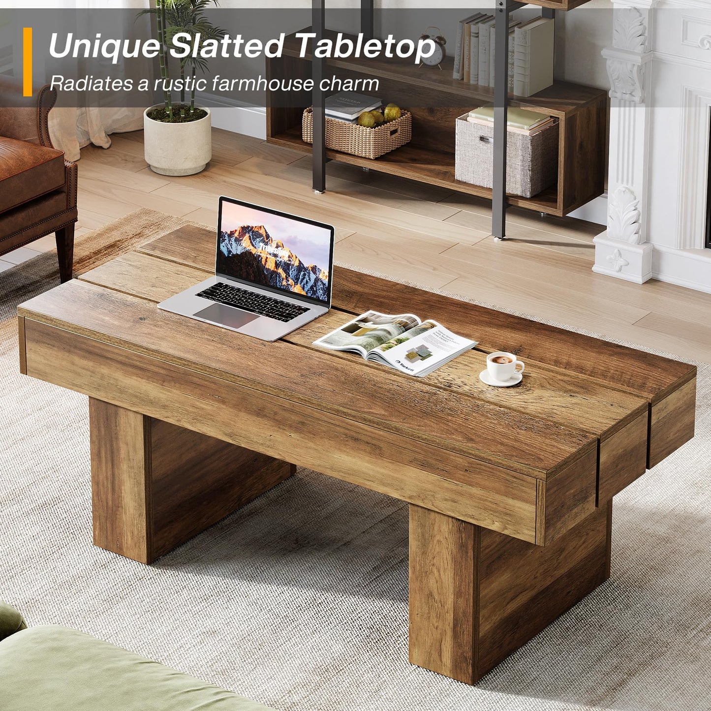 Tribesigns Rectangle Coffee Table, 47.24" Farmhouse Center Table with Slat Tabletop & Thick Base, Rustic Wooden Cocktail Tea Table for Living Room Apartment, Brown