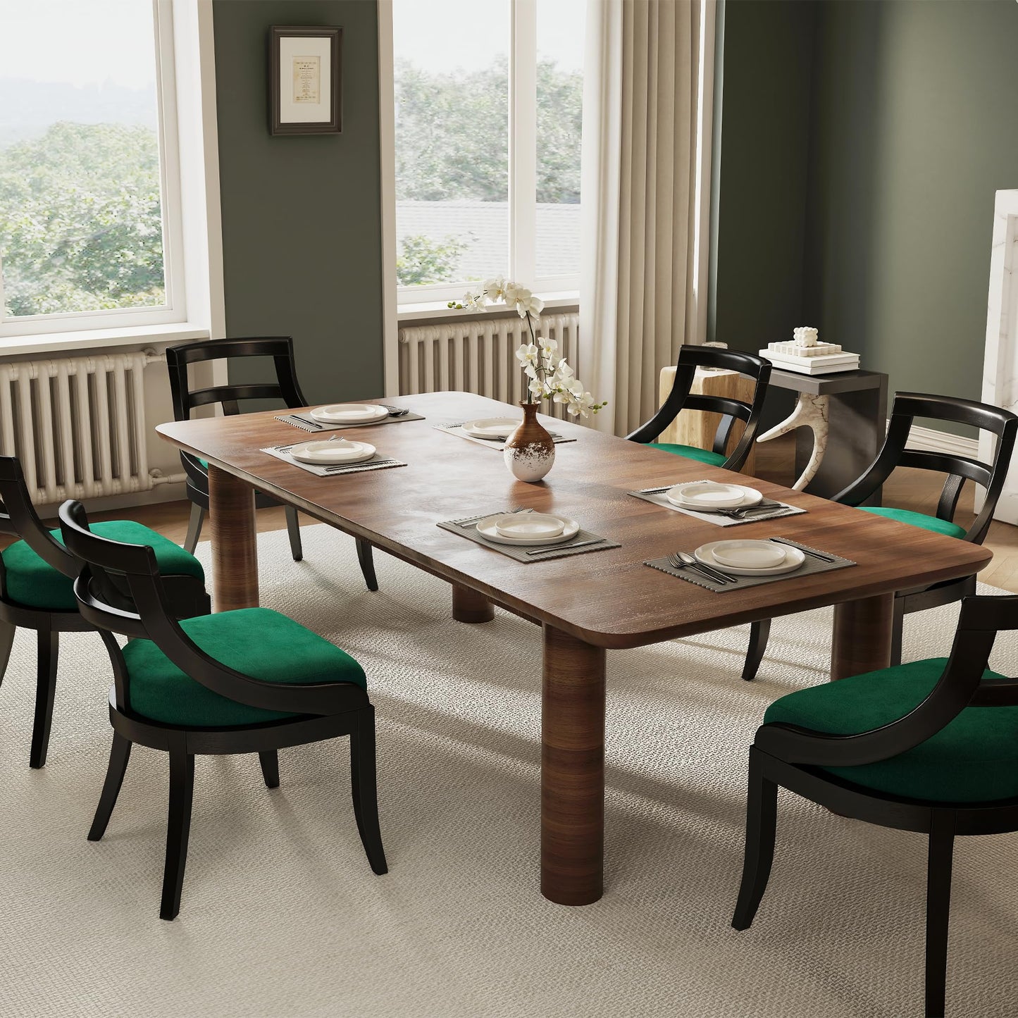 LZAREAL Modern Farmhouse Dining Chairs Set of 4 Mid Century Upholstered Dining Chair with Wooden Curved Back Kitchen Chairs for Dining Room Restaurant Cafe, Black-Velvet Green