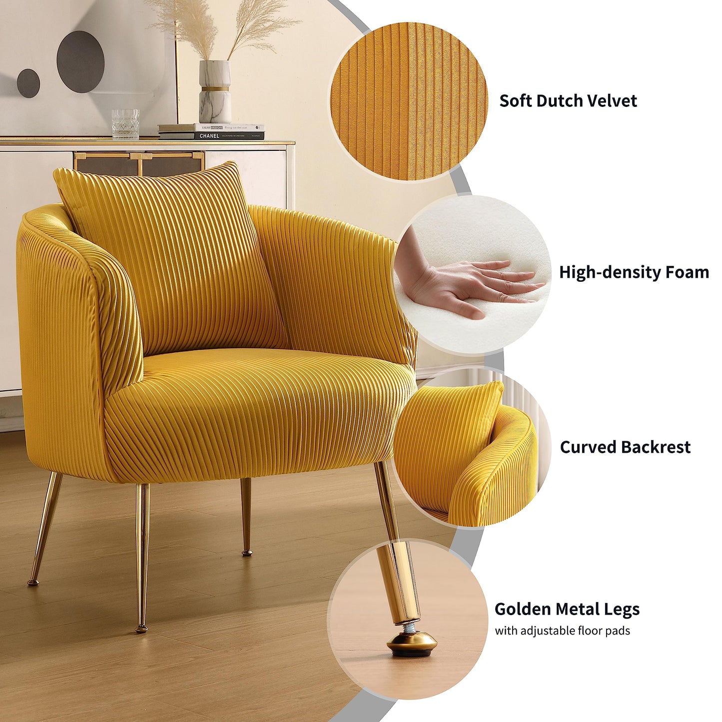 Art Leon Velvet Accent Chair, Upholstered Modern Single Sofa Chair, Comfy Barrel Chair with Golden Metal Legs for Living Room Bedroom, Yellow