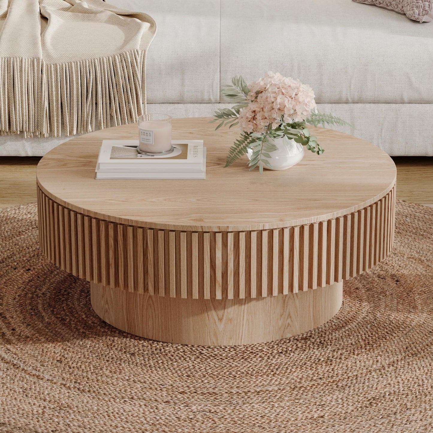 BSYEIO 31.5''Round Coffee Table with Storage, Modern Luxury Circle Drum Center Tables with Solid Wood Veneered, Accent Side Coffee Table for Living Room, Bedroom, Apartment-Natural
