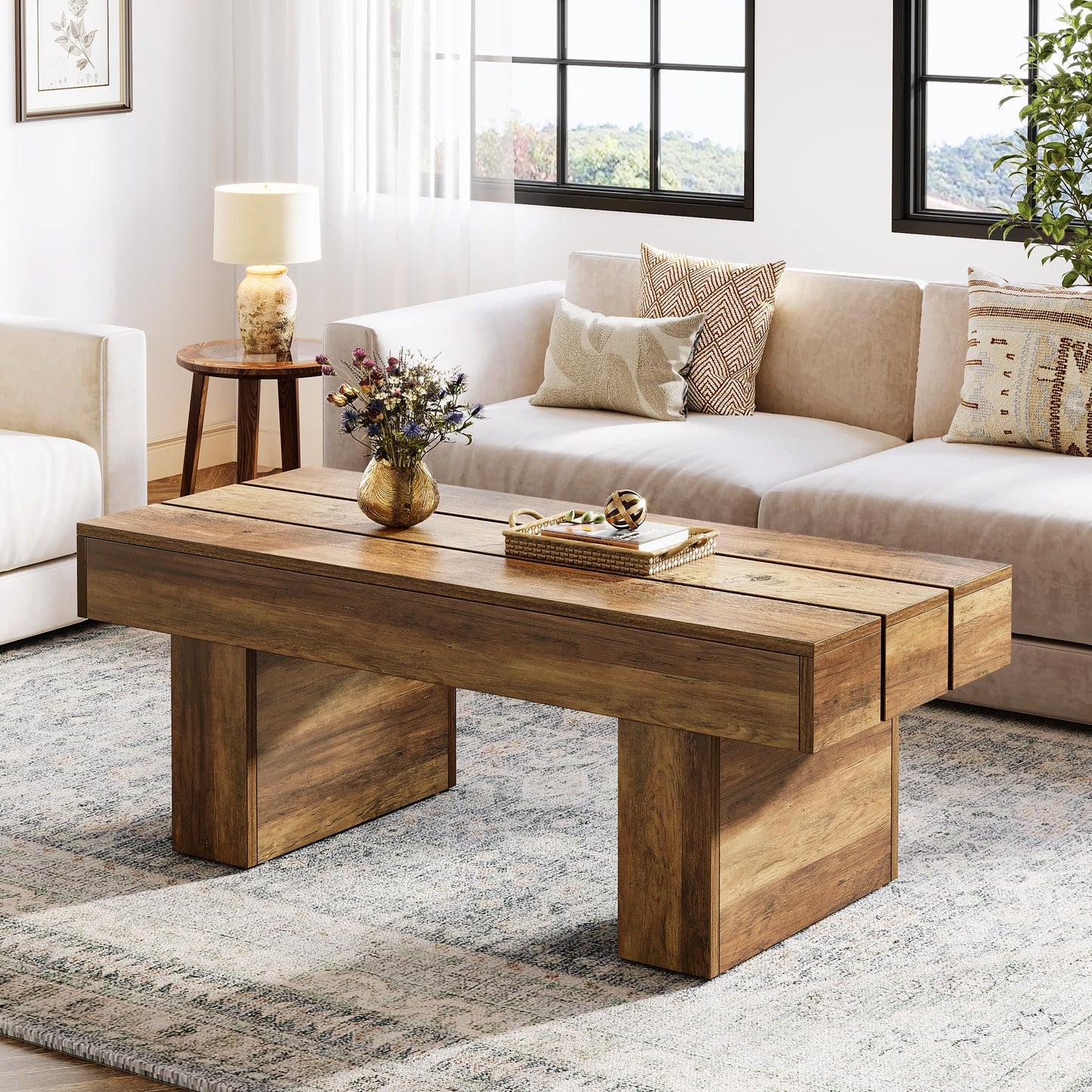 Tribesigns Rectangle Coffee Table, 47.24" Farmhouse Center Table with Slat Tabletop & Thick Base, Rustic Wooden Cocktail Tea Table for Living Room Apartment, Brown
