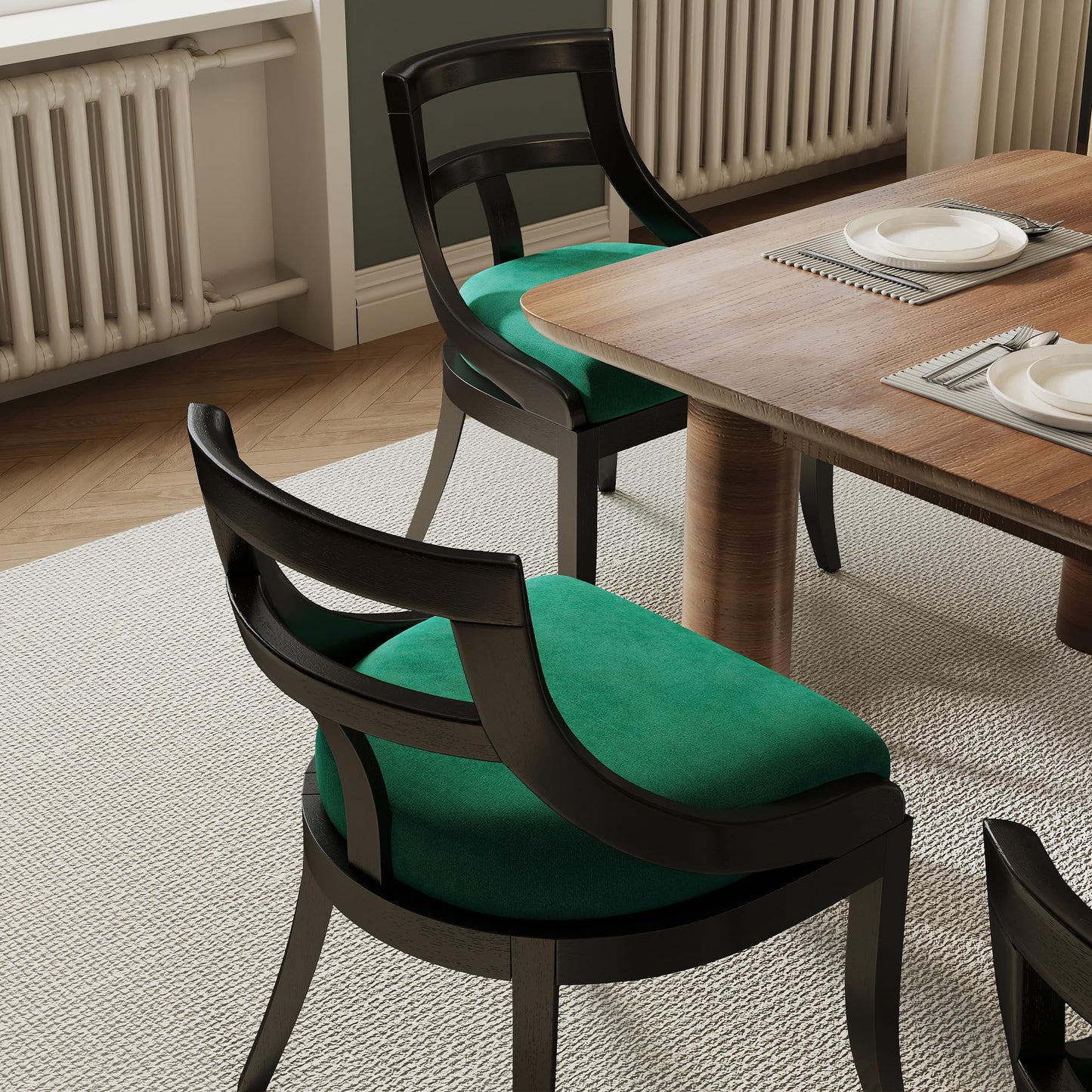 LZAREAL Modern Farmhouse Dining Chairs Set of 4 Mid Century Upholstered Dining Chair with Wooden Curved Back Kitchen Chairs for Dining Room Restaurant Cafe, Black-Velvet Green