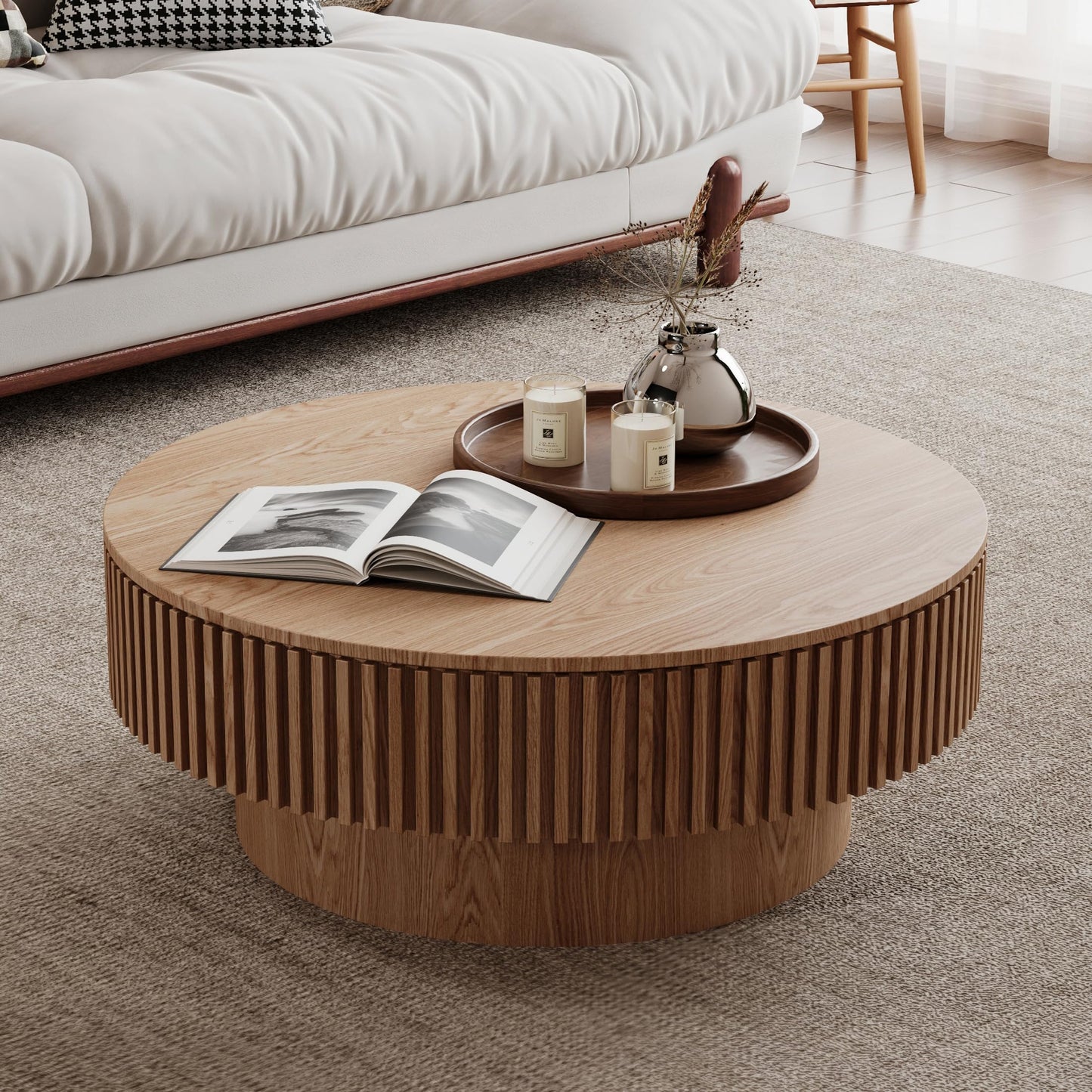 BSYEIO 31.5''Round Coffee Table with Storage, Modern Luxury Circle Drum Center Tables with Solid Wood Veneered, Accent Side Coffee Table for Living Room, Bedroom, Apartment-Natural
