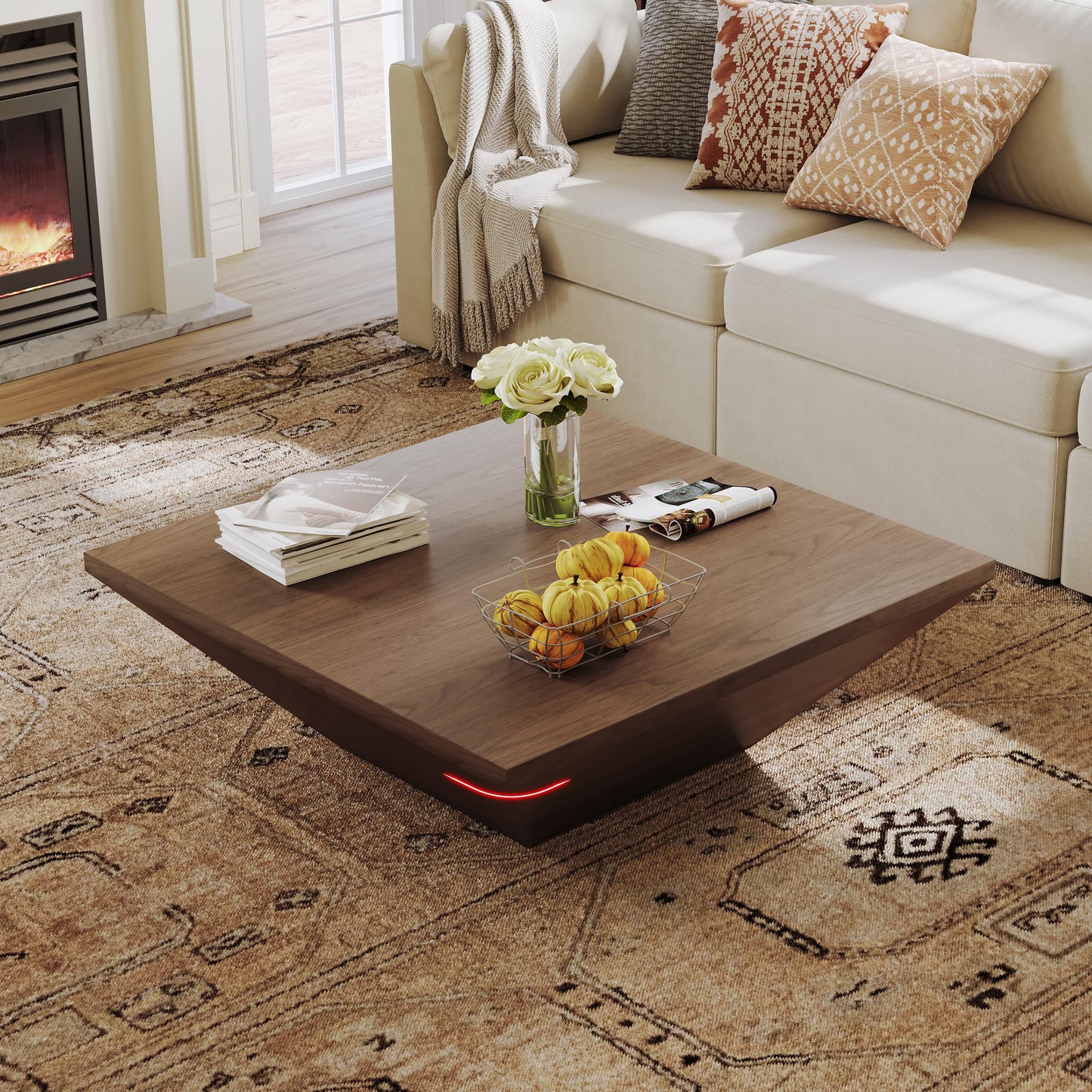 POVISON Modern Coffee Tables for Living Room, Square Coffee Table with Storage, Wood Coffee Table with Drawers, 39.4" Walnut Trapezoidal Living Room Tables for Home Office, Fully Assembled