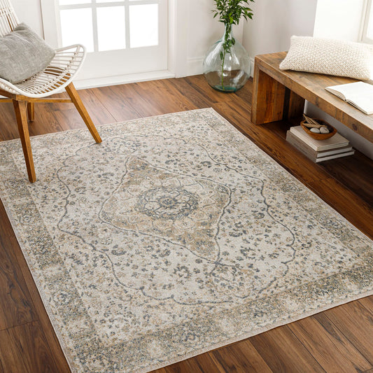 Mark&Day Washable Rugs, 6x9 Eminence Traditional Camel Area Rug, Brown Beige Yellow Carpet for Living Room, Bedroom or Kitchen (6'7" x 9', Machine Washable)